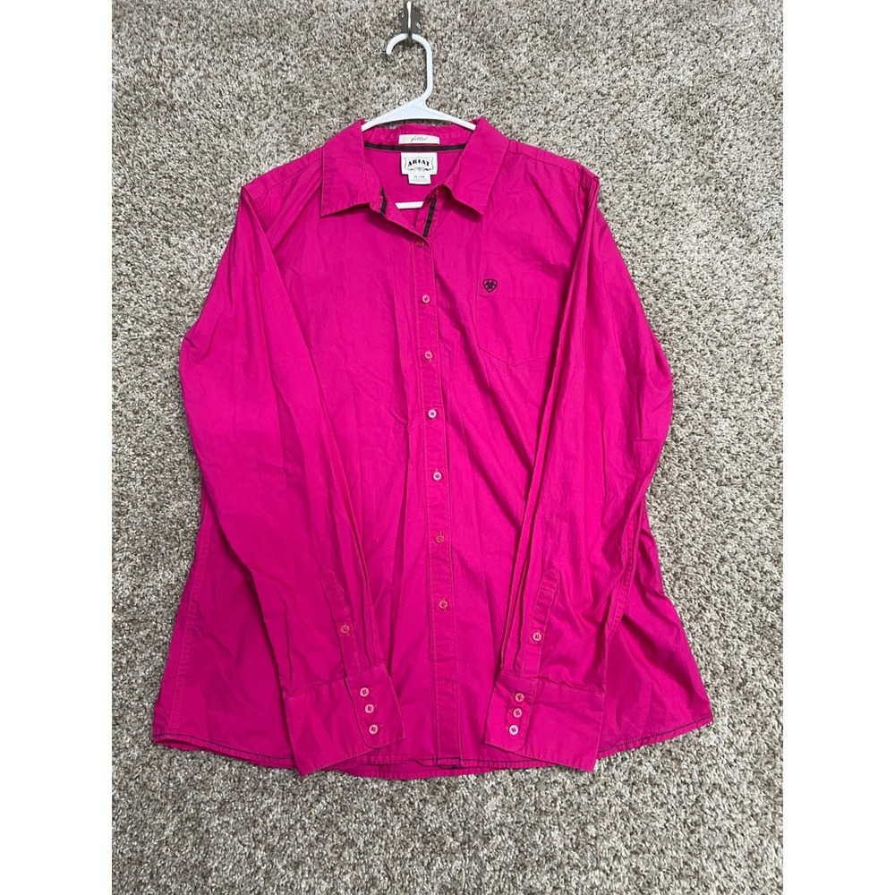 Ariat Womens XL Pink Fitted Long Sleeve Western Button Down Shirt Magenta Logo